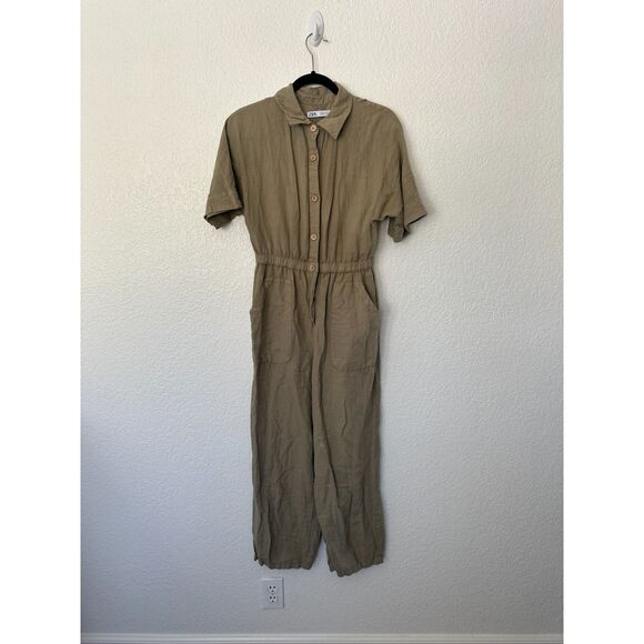 ZARA Linen Blend Olive Green Jumpsuit Size Small - Picture 2 of 7